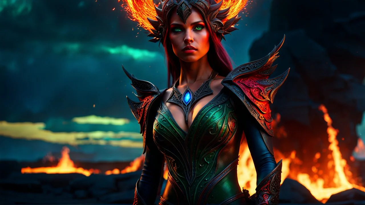 Armageddon. ragnarok. molten lava. 18 year old female sorcerer. magical green eyes. blue fire. red sparks. exquisite realism, a masterpiece, fantasy concept art, dynamic lighting, hyperdetailed, intricately detailed, deep color, Unreal Engine, volumetric lighting , Epic cinematic brilliant stunning intricate meticulously detailed dramatic atmospheric maximal, the naked truth