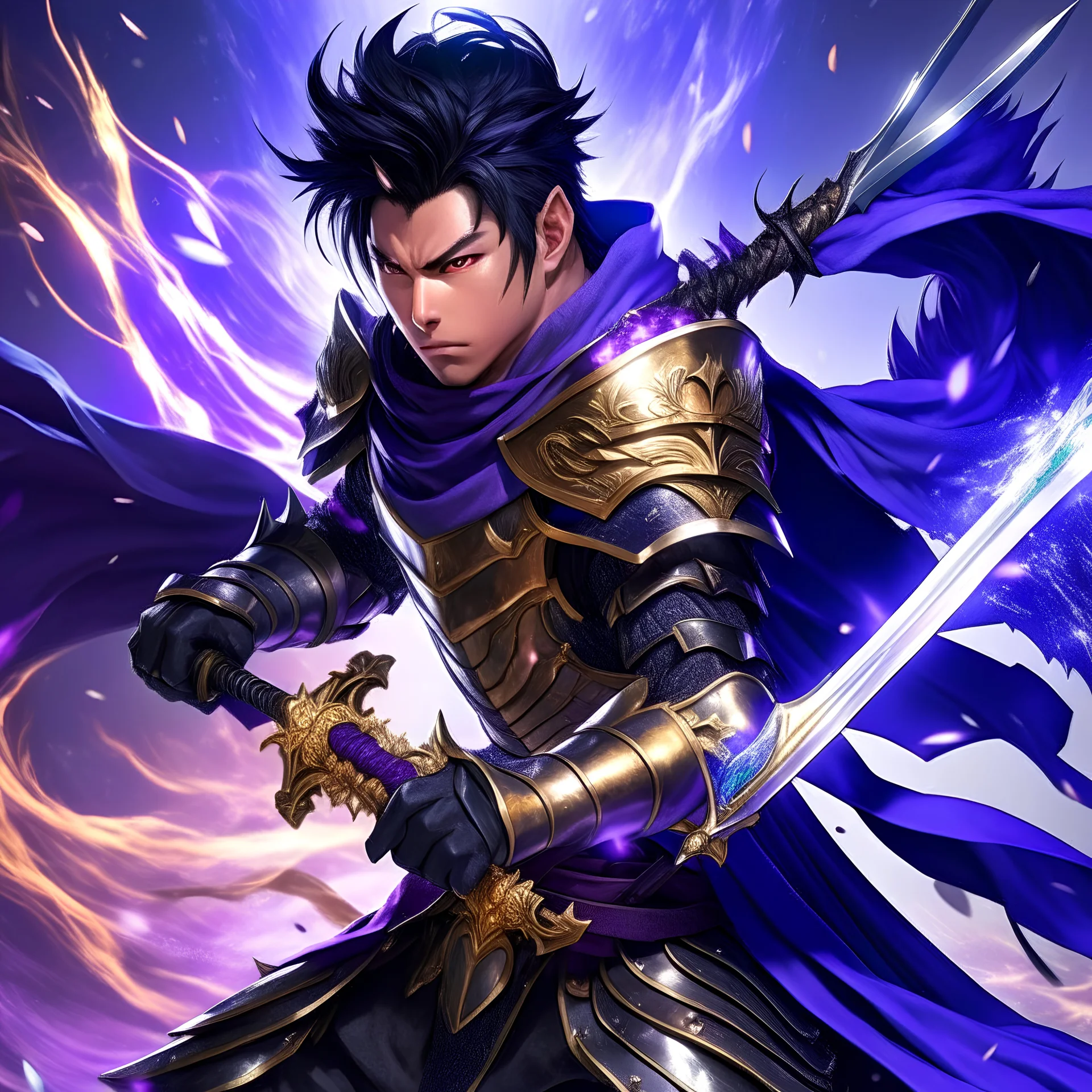 A man with spiky black hair is holding a purple sword and wearing a gold-colored suit of armor, including a cape. He appears to be in the middle of an action scene, possibly fighting or defending himself against an enemy. The image has a colorful background, adding to the dramatic atmosphere of the scene.
