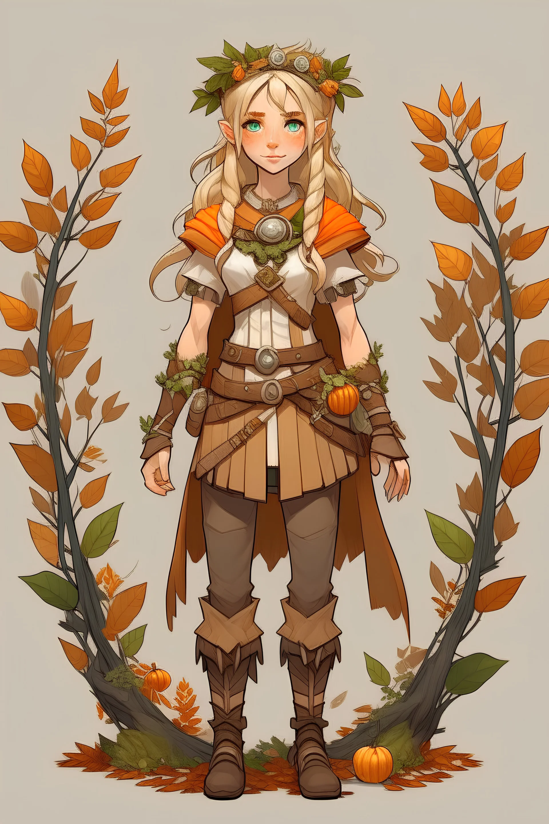 fullbody a girl druid wood elf with blond hair with some braids and loose hair and orange eyes. wearing cream clothes and light armour. a circlet of leaves and pinecones. and a pinecone staff