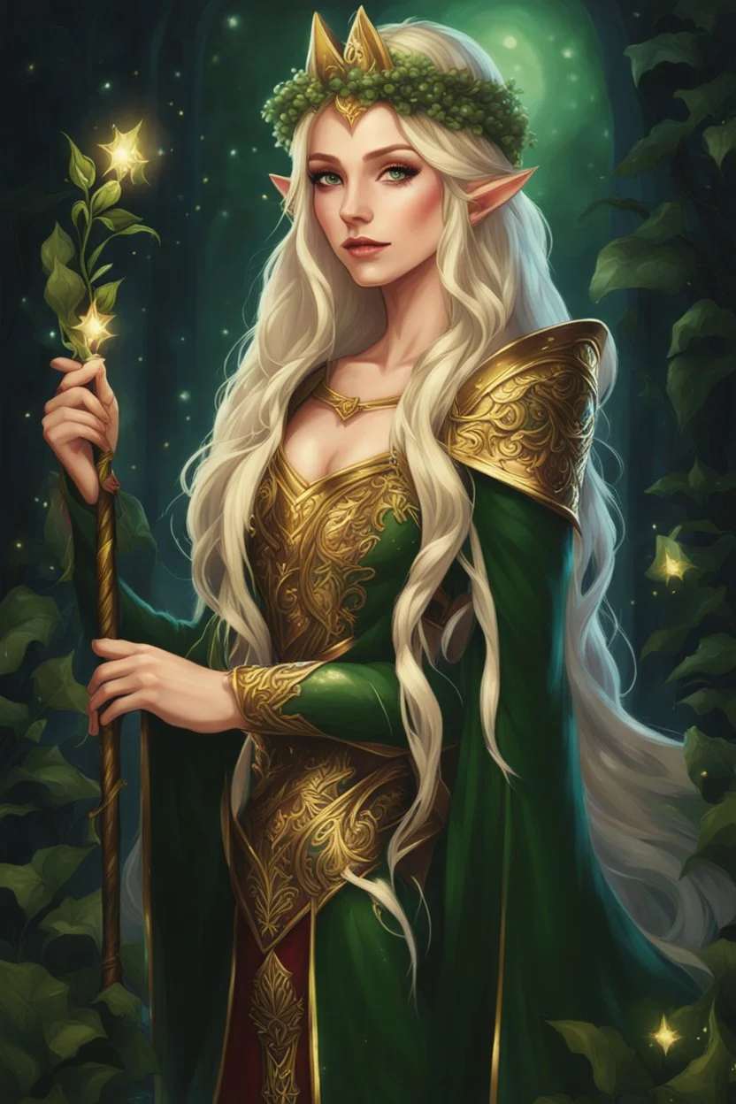 Dark green hair,Rapunzel hair,golden armor,night,sparkle,lily of the valley,ivy,elven warrior,elven ears,burgundy,green,gold,elven crown,extremely long hair