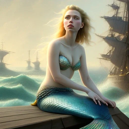 A beautiful portrait of a fusion of Scarlett Johansson and Elle fanning as a mermaid , leaning on a ships deck ,Rough sea in the background, (digitall art by Eugene de Blaas and Ross Tran, vibrant color scheme, highly detailed, in the style of romanticism, cinematic, artstation best quality, realistic lighting, masterpiece portrait, details light dusting , cowboy shot from above, simple chain hauberk Vector art digital illustration 3D shading )