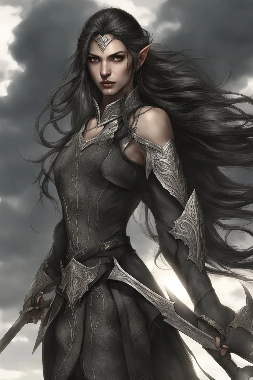 SA female elf with skin the color of storm clouds, deep grey, stands ready for battle. Her long black hair flows behind her like a shadow, while her eyes gleam with a fierce silver light. Despite the grim set of her mouth, there's a undeniable beauty in her fierce countenance. She's been in a fight, evidenced by the ragged state of her leather armor and the red cape that's seen better days, edges frayed and torn. In her hands, she grips two daggers, add dark shadow mystic purple flames