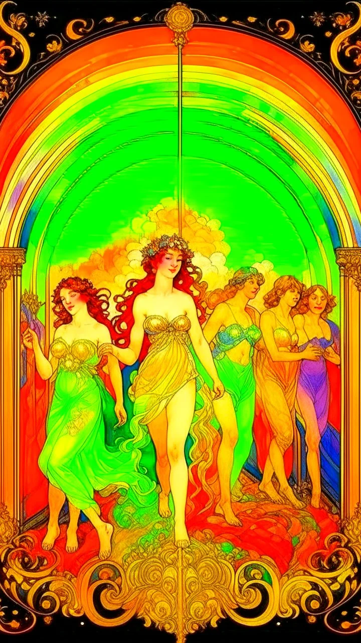 Track of oil with runners made of lights under they rainbow, in the style of Alphonse mucha