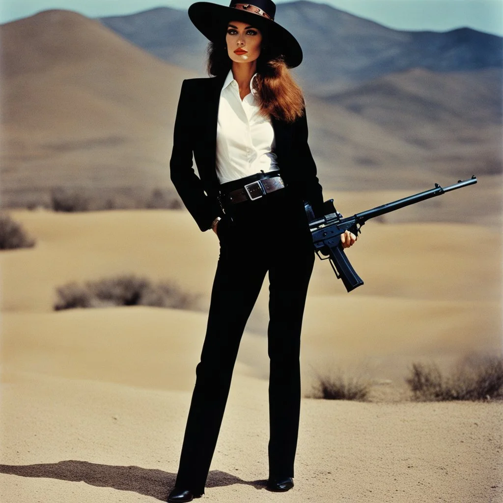 [colour photo by Helmut Newton] happy in the wild Wild West: My Name Is Nobody [Il mio nome è Nessuno (1973)] she stands tall with her gun