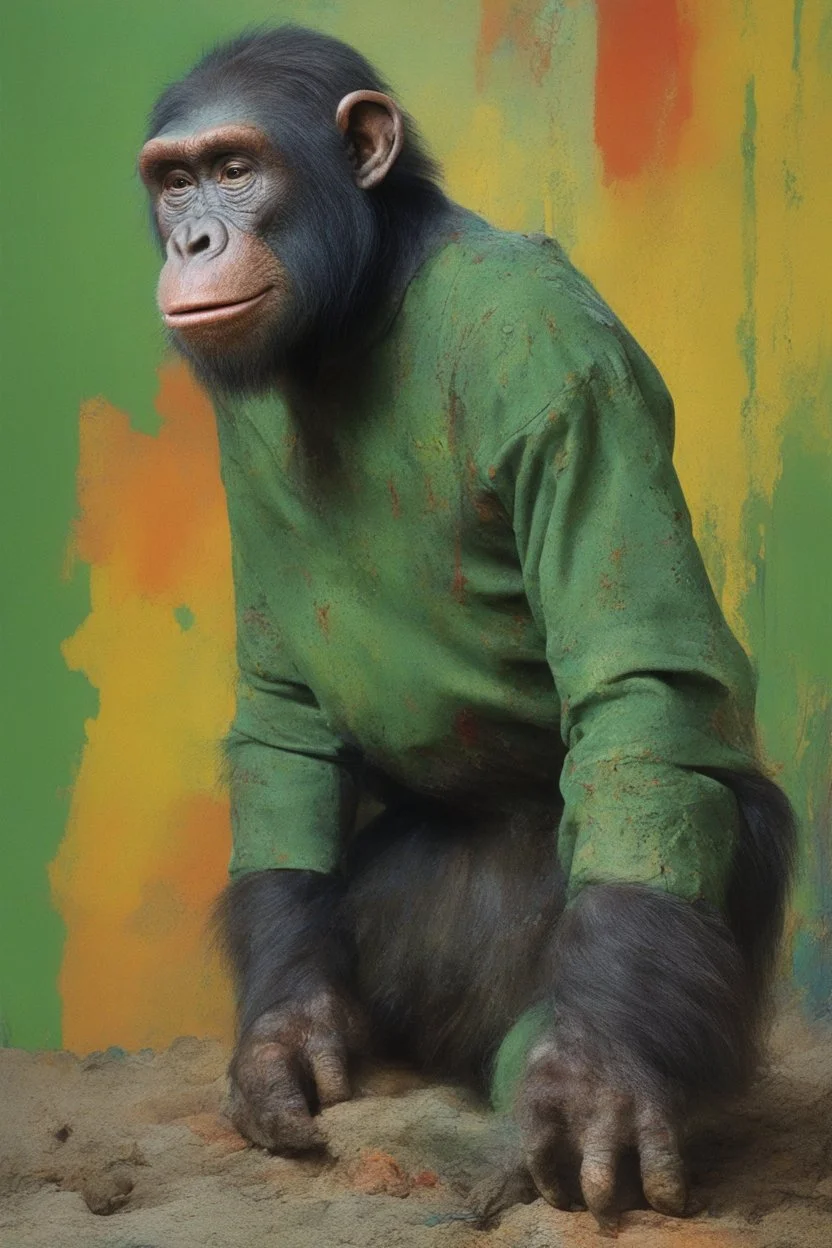 Roddy McDowall as Cornelius the chimpanzee from Planet of the Apes wearing a thick green cotton tunic and trousers - extremely colorful, multicolored paint splattered wall in the background, oil painting by Leonardo da Vinci