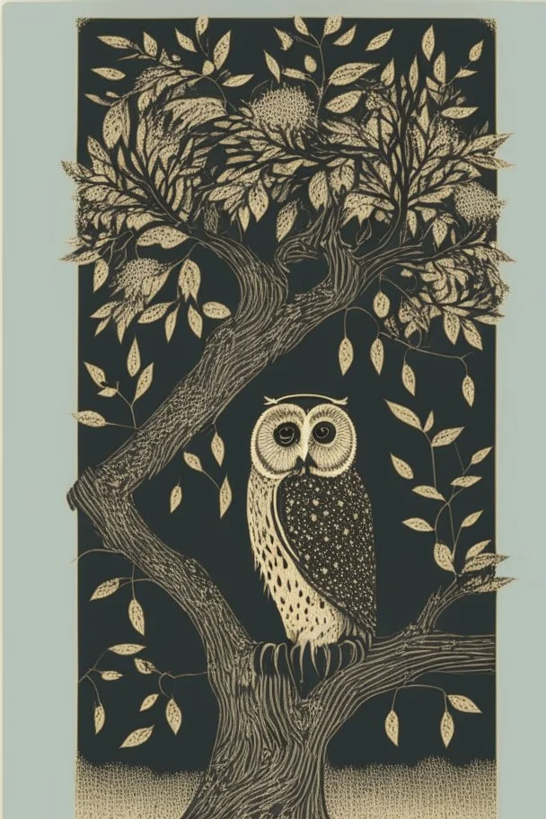 in a cosy vintage style, an owl sits in a black tree