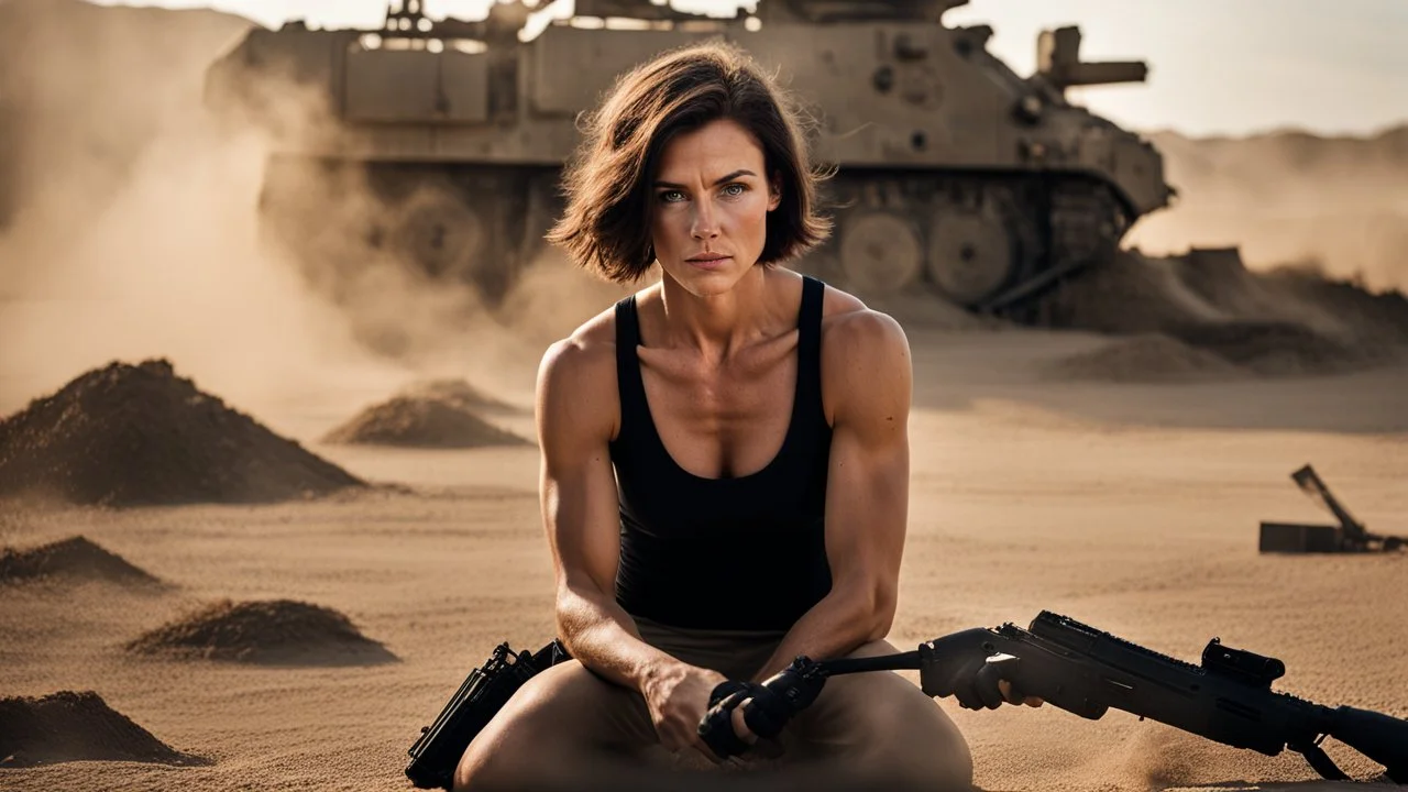 beautiful slender caucasian female technician, black tank top, well toned muscles, weathered face, scratched sand camo metal details, short brunette wavy bob haircut, dystopian, desert scene, being hit by a bullet, explosions in background, wounded by gunfire