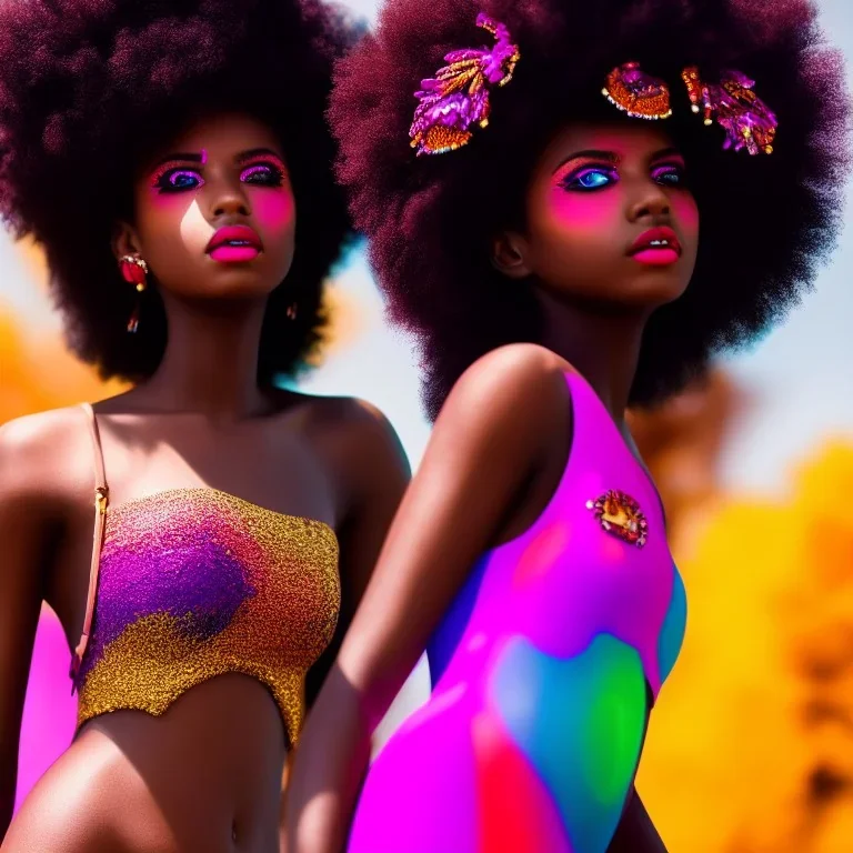 full body shot, masterpiece, best quality, family of three, dark skinned, sparkling eyes, fluorescent skin, colorful makeup, afro, highly detailed body, sun light, 4K, RAW, depth of field, high contrast, realistic details, 24mm