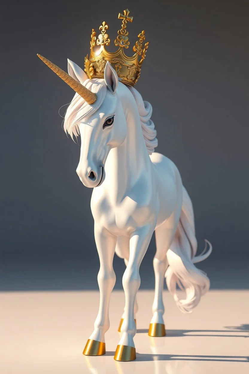 A hyper-realistic 3D Surreal digital painting ,magic unicorn with a golden crown on top of it ,Sun Light, Shiny Simple White Costumei, Perfect Legs ,Full Size Beautiful Natural look ,Long Legs , , detailed face, ideal face template, Realistic Elements, Captured In Infinite Ultra-High-Definition Image Quality And Rendering, Hyperrealism, real world, in real life, realism, HD Quality, 8k resolution, , real photo