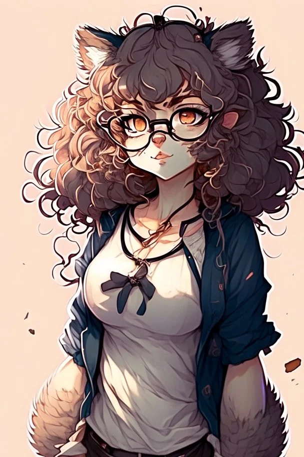 anime racoon girl with glasses curly hair fullbody