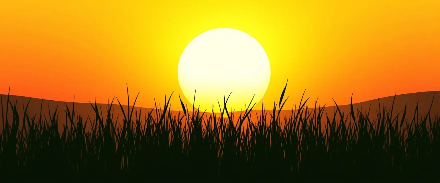 green grasses silhouette across bottom, with golden sunset sky in background, vector