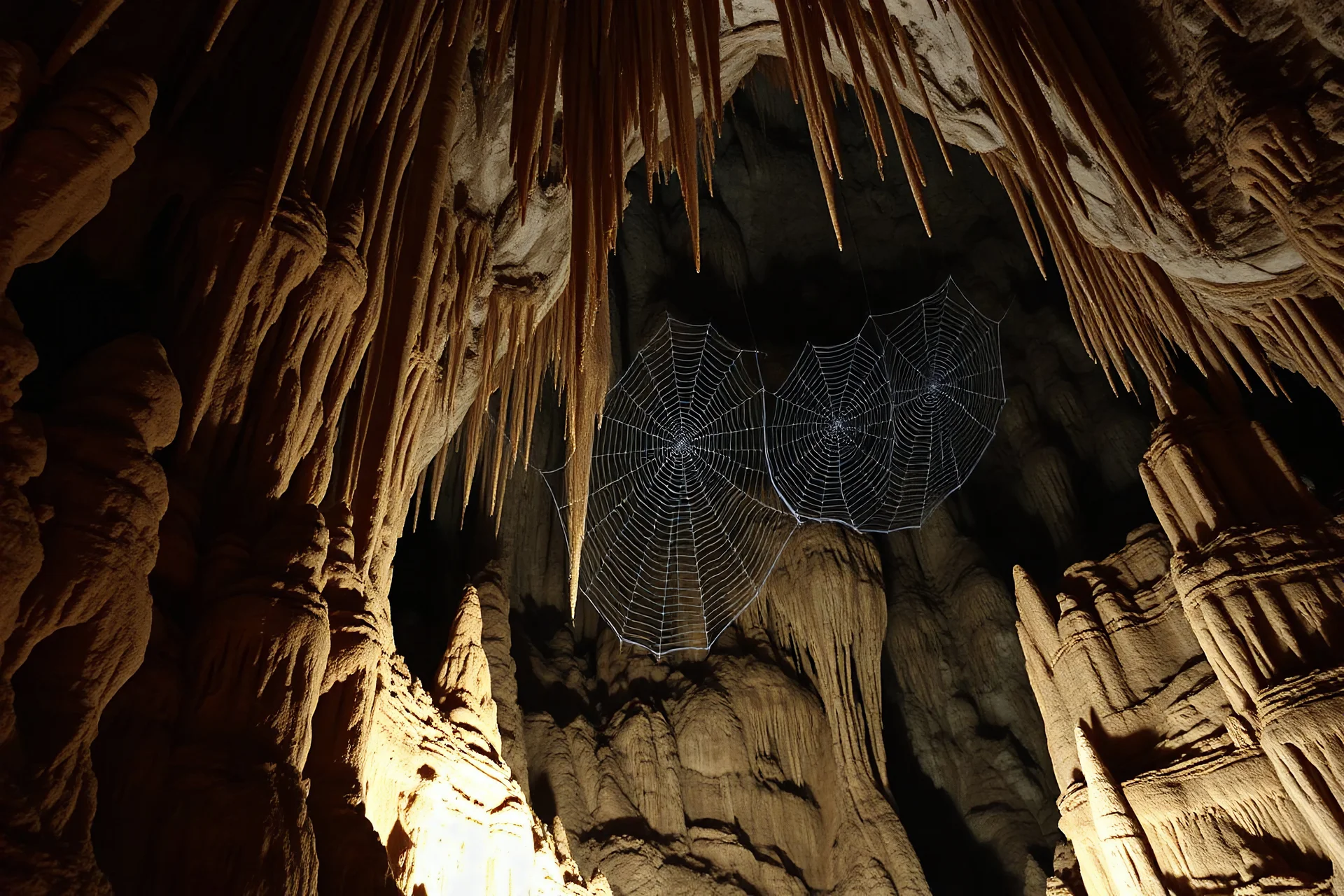 stalagmites and stalactites with giant spider webs