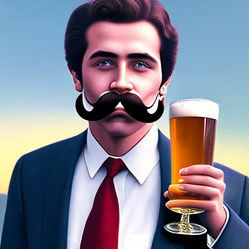 A human Like figure that Looks Like a Raspberry, moustache, suit, holding a beer