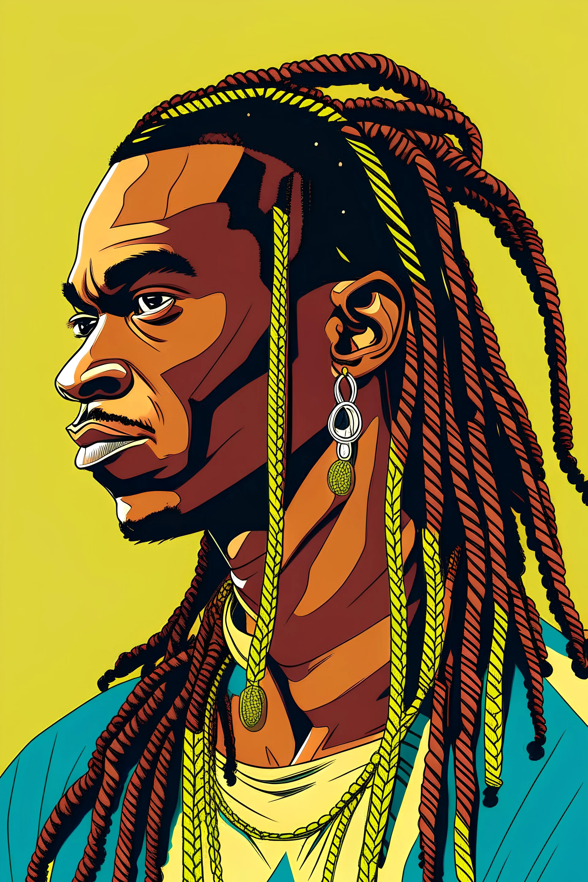 A drawing of a black man wearing long braids pop art