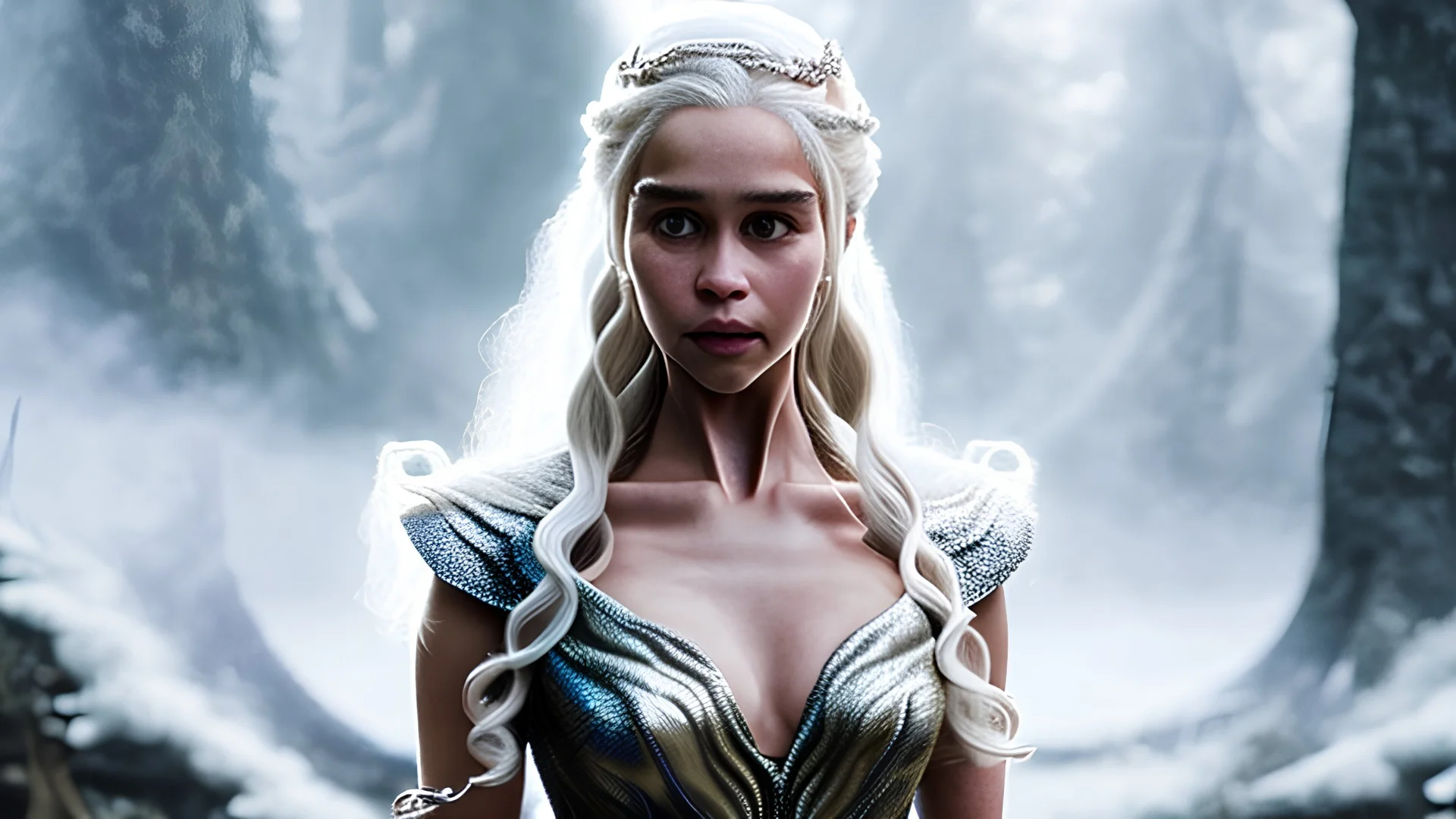 whole body image of beautiful Daenerys Targaryen in a mystical enchanted forest standing next to a dragon, HD 8K, sharp detail, hyperrealistic photo accurate face and features, cinematic lighting