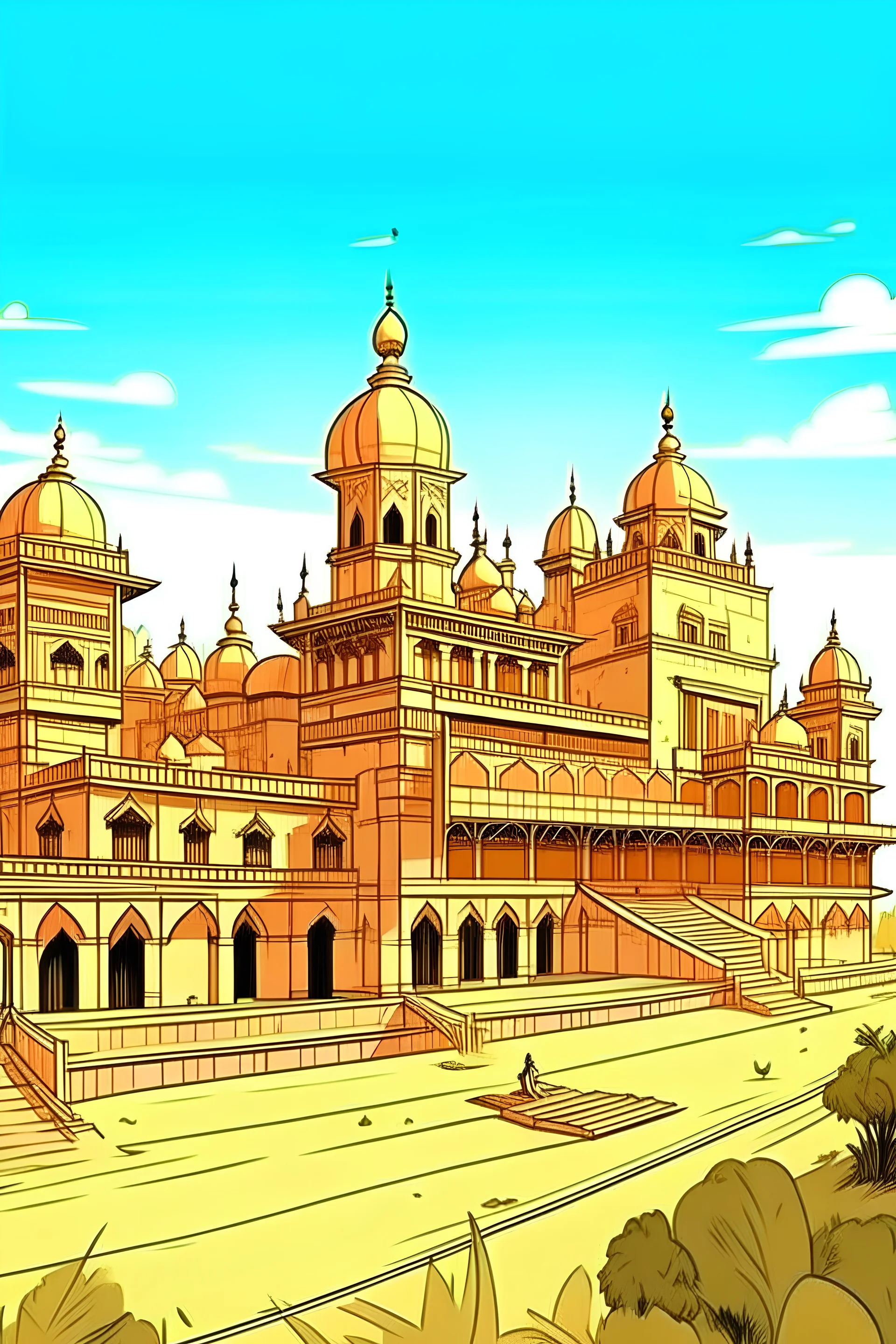 wide angle view of Indian kingdom as a Graphic novel illustration, big palaces, bright sunny day