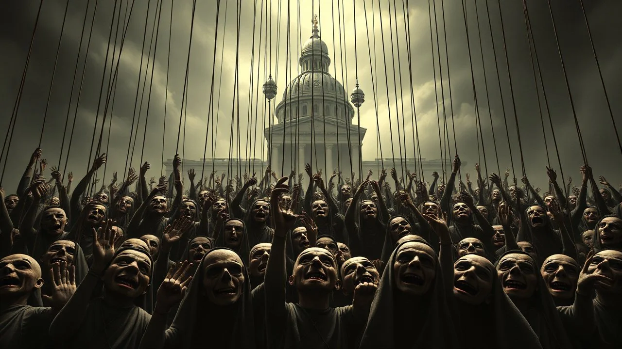 a corrupt government looms above, pulling the strings of hundreds of puppets below, the news broadcasts the puppets' suffering everywhere, dystopian, horror