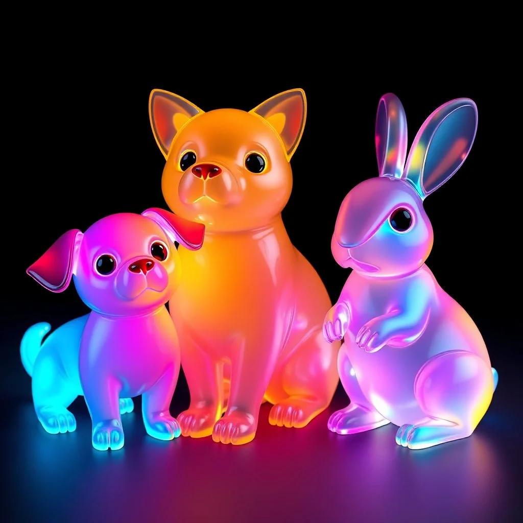 Three colored translucent 3D animals — a small dog, a cat, and a rabbit — standing together, each made of glowing glass-like material with vibrant iridescent gradients of cyan, magenta, amber, and violet glowing from within. Subsurface scattering, refractions, and caustics pass light through their transparent bodies, revealing soft inner structures. Cute proportions with rounded forms, floating in a dark void, volumetric lighting, octane render, hyperrealistic, ultra-detailed, 8k, trending on Ar