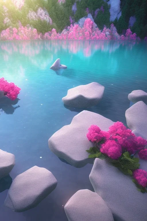 lac turquoise, rocher avec mousse, fleurs rose et blance, cascade, etoile filante, cristaux, vray