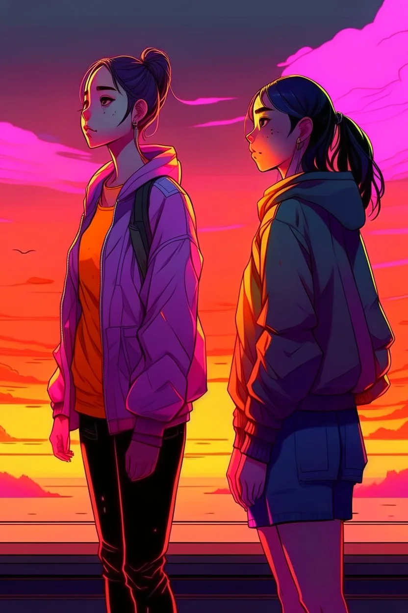 gün batımını izleyen 2 kız 2D biraz daha detaylı daha fazla detay ve 2d yüzleri hafif görünüyor yüzleri görünüyor farklı bir tarzda detaylı farklı ve detaylı kıyafetler kıyafetler düzgün olsun ve hava soğuk farklı bir tarz Farklı bir tarz ve neon farklı bir poz gta tarzı farklı poz ve farklı kızlar