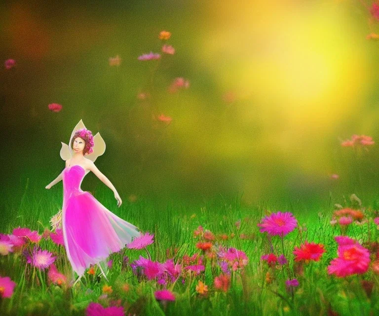 beautiful bright fairy in a flower prairie background