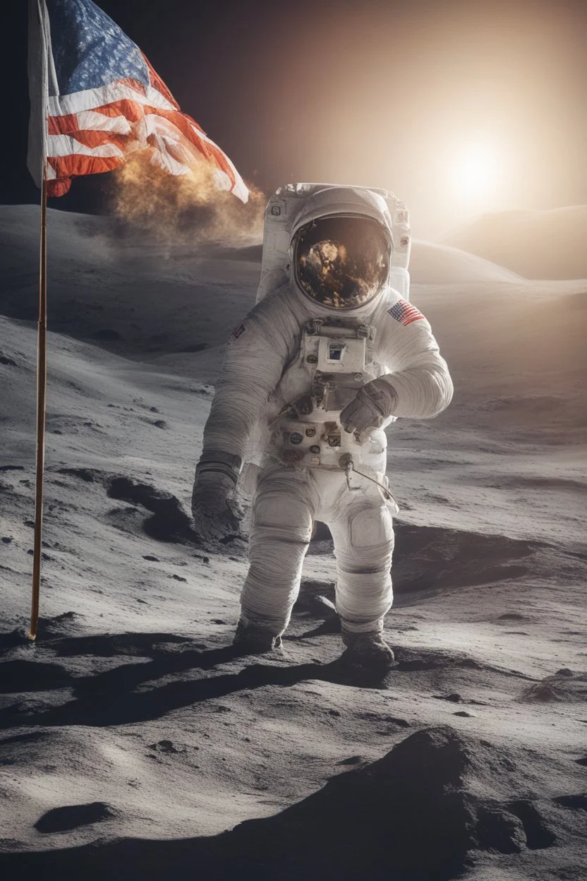 "Generate an awe-inspiring 8K realist image depicting an astronaut triumphantly planting a Bitcoin flag on the lunar surface. The cosmic backdrop should be a chaotic yet mesmerizing scene, replacing traditional stars with various cryptocurrencies. Envision shooting stars as dynamic market movements, while trading charts and pips seamlessly integrate into the background, forming a visually stunning representation of the crypto universe's conquest of the moon."