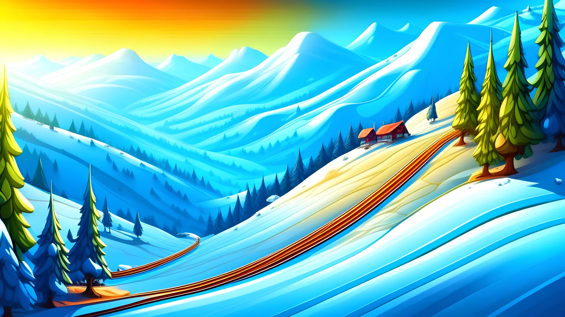 Fantasy cartoon style: view down the ski slope from the top of the hill