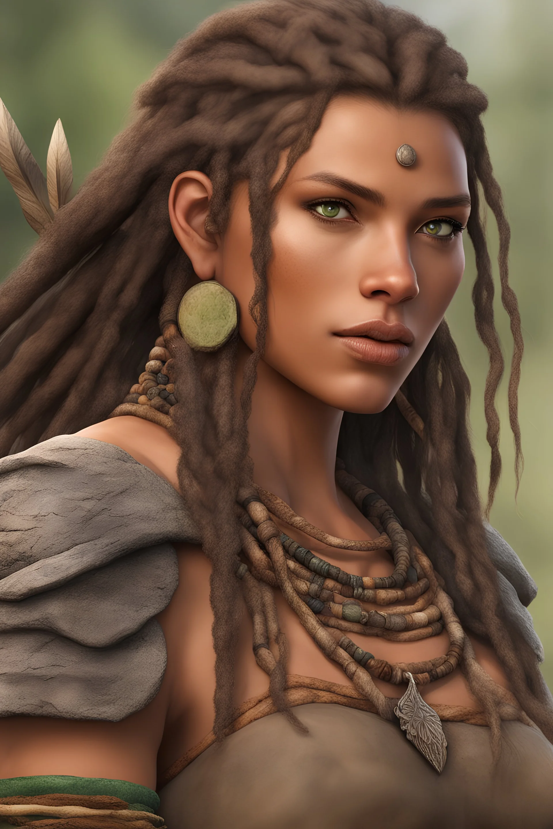 portrait of a stone age 19 yeras old female hunter tribal warrior, beautiful, alluring body, big chest, curvaceous body, long hair, dreadlocks, tribal tattos, green eyes, detailed eyes, Animal hide armor, 8k resolution, D&D character, RPG female hero, prehistoric landscape in background