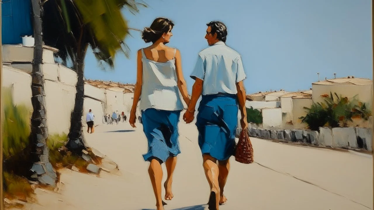 cote d'azurcouple walking had in hand from the back painting neoclassism 60