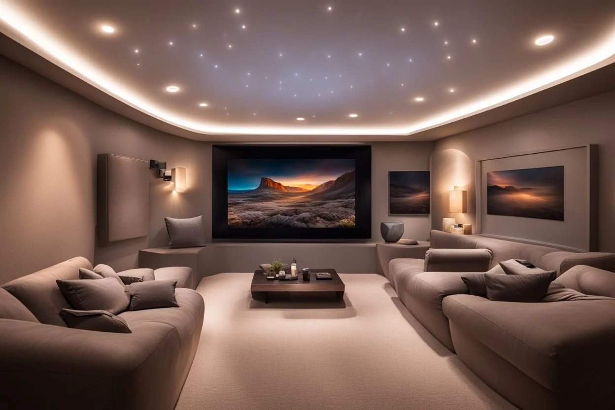 a dedicated home cinema room with LED ambient lighting in the walls