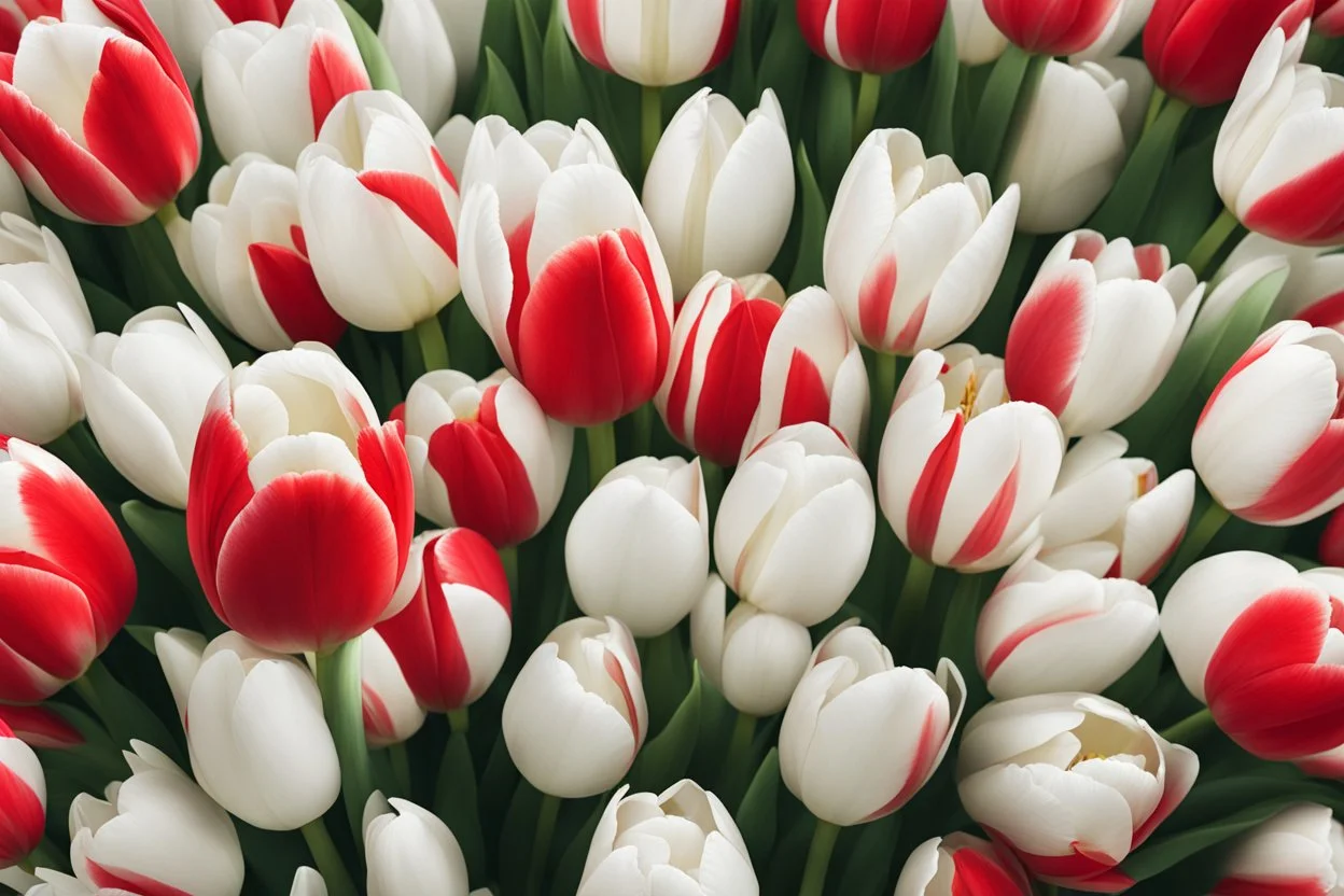 photorealistic red and white tulips bouquet, red tulips above and white tulips down in flowergarden, soft lighting, sharp focus, rough edges in sunshine