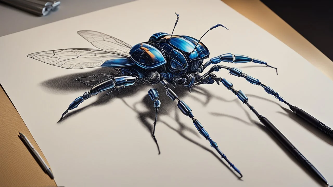 2190. 3D Robot insect drawing a 2Dpicture, each leg holding a gel pen, drawing a beautiful 2D landscape using six pens, one pen held by each leg. The picture is almost finished. Artistic, beautiful lighting, attractive composition, photorealistic, extremely detailed, chiaroscuro, rule of thirds