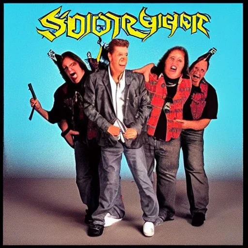 Shooter McGavin from Happy Gilmore on a thrash metal album cover