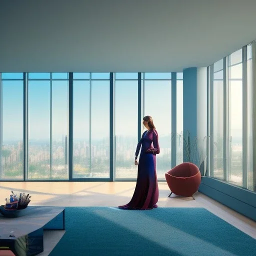 photograph of a woman, standing in a modern living room with large windows, stunning environment, ultra realistic, concept art, elegant, ((intricate)), ((highly detailed)), depth of field, (((professionally color graded))), 8k, 85mm, f/1.8, art by artgerm and greg rutkowski and alphonse mucha