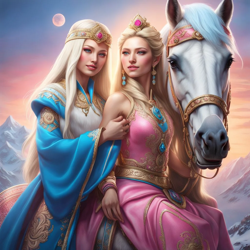 (masterpiece, best quality, 8k, RAW photo, beautiful and aesthetic:1.2), complex detail, Indirect light, photorealistic, (((full body))), 2 Gorgeous Cosmic russian asian goddess smiling, long curved blonde hair, blue eyes, Mixed, sci-fi and traditional russian outfit with pink velvet and white furs and chapka, on a horse companion, a colorfull Sci-Fi environment