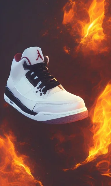 Jordan 3 black sneaker made out of fire. Animation movie style.