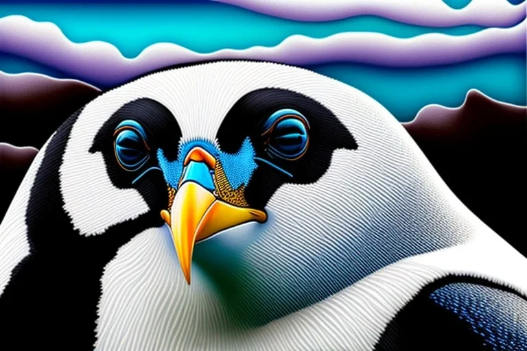 One single mature penguin, friendly, riding on a bike, perfect iris, perfect eyes, model style, hyper realistic, extremely accurate, delicate, extremely detailed, Graphic novel style, colours, wide-angle, open aperture, superfine pencil