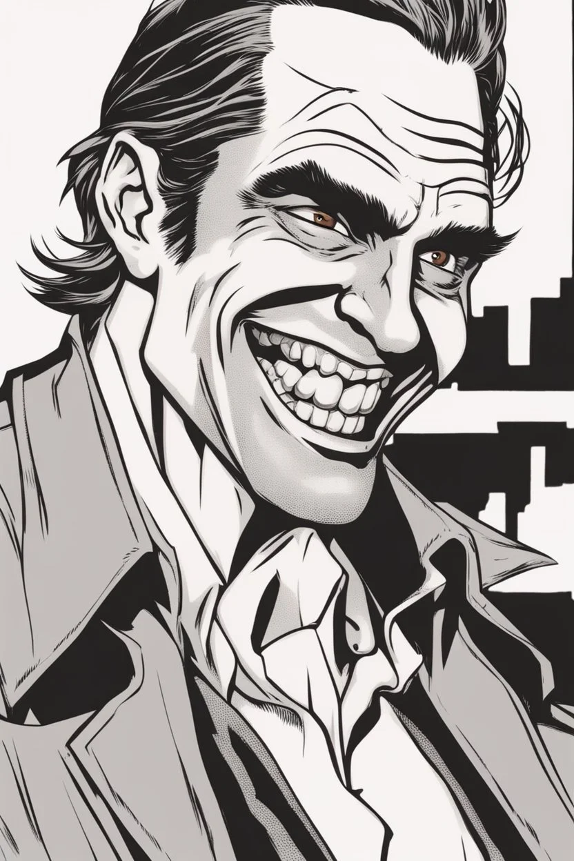 deranged grinning man with slicked back hair and stubble comic book style