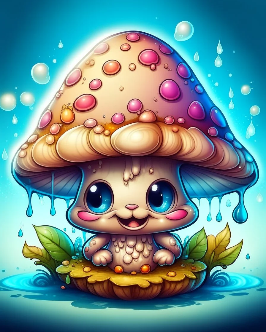 Tattoo design a one liquid cute baby mushroom happy, hyperdetailed intricately detailed, fantastical, surrealistic, splash screen, pastel colours, fantasy, concept art, 8k resolution, cartoon style, kawaii style