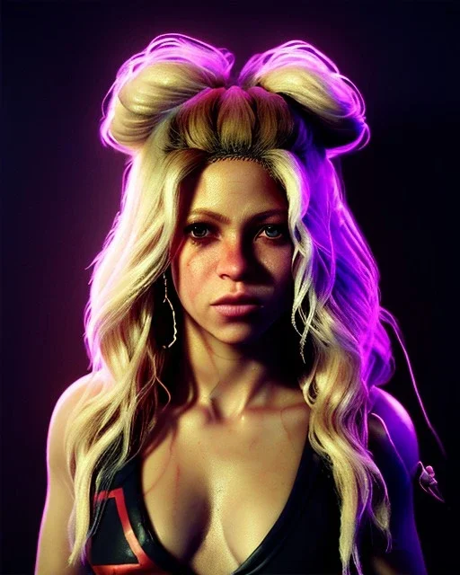 portrait, Shakira, blonde artist, angry, Realistic image, MMA robe, hoodie, mma gloves, loose long hair, eyes, makeup, gold line make up, moisture, sweat, fog, goddess, Neon colors, leds. Black background, photo studio, concept art, smooth, unreal engine 5, god lights, ray tracing, RTX, lumen lighting, ultra detail, volumetric lighting, 3d, finely drawn, high definition, 4k.