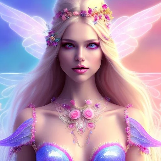 beautiful, soft, big smile face, whole head, long straight blonde hair blues eyes, crown on the head, clothing in transparent bluish and pink veil,fairy wings on the back, background brillante bluish and pink, hight definition, 8K