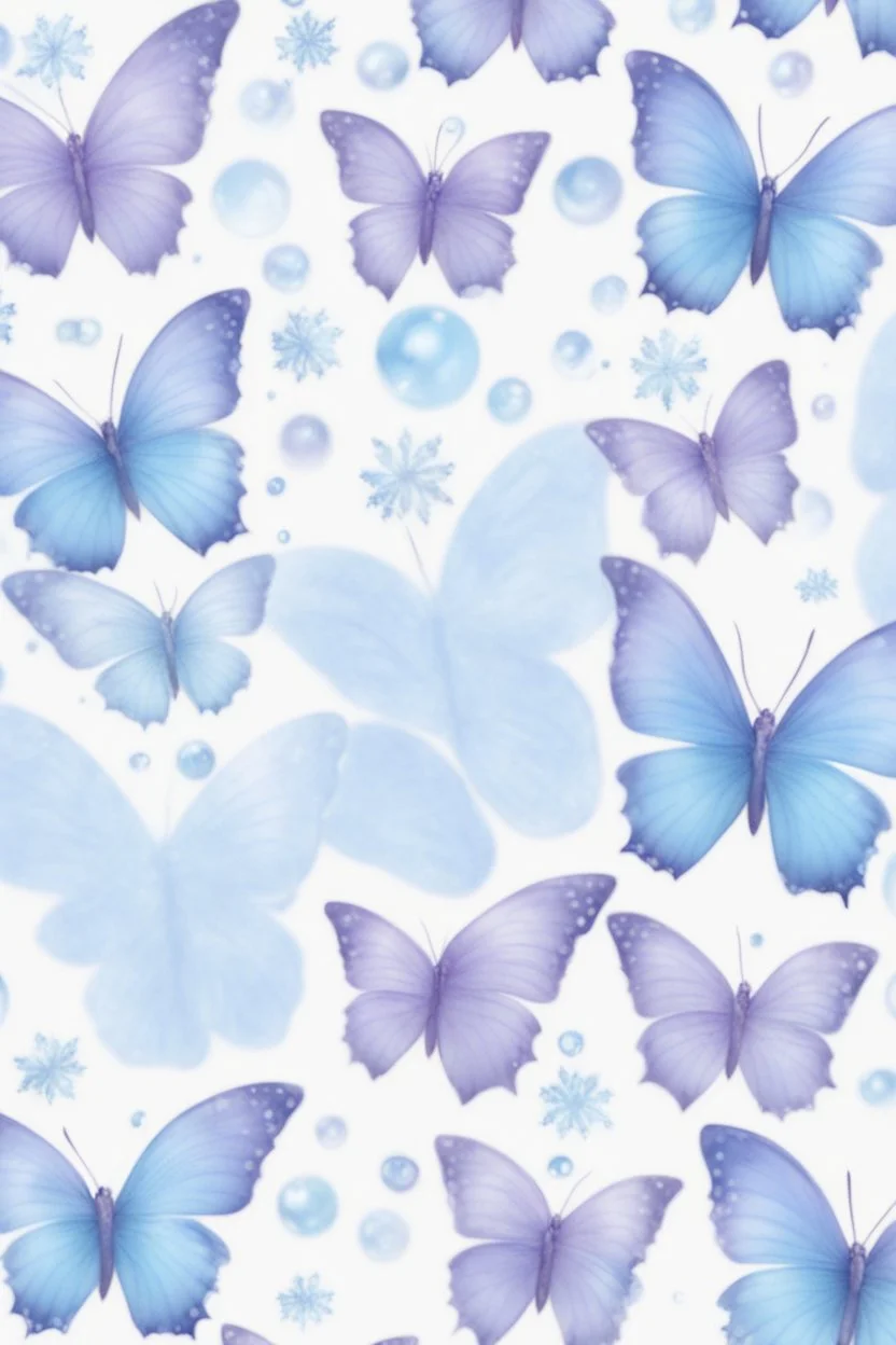 Lavender and light blue butterflies and bubbles in the snow