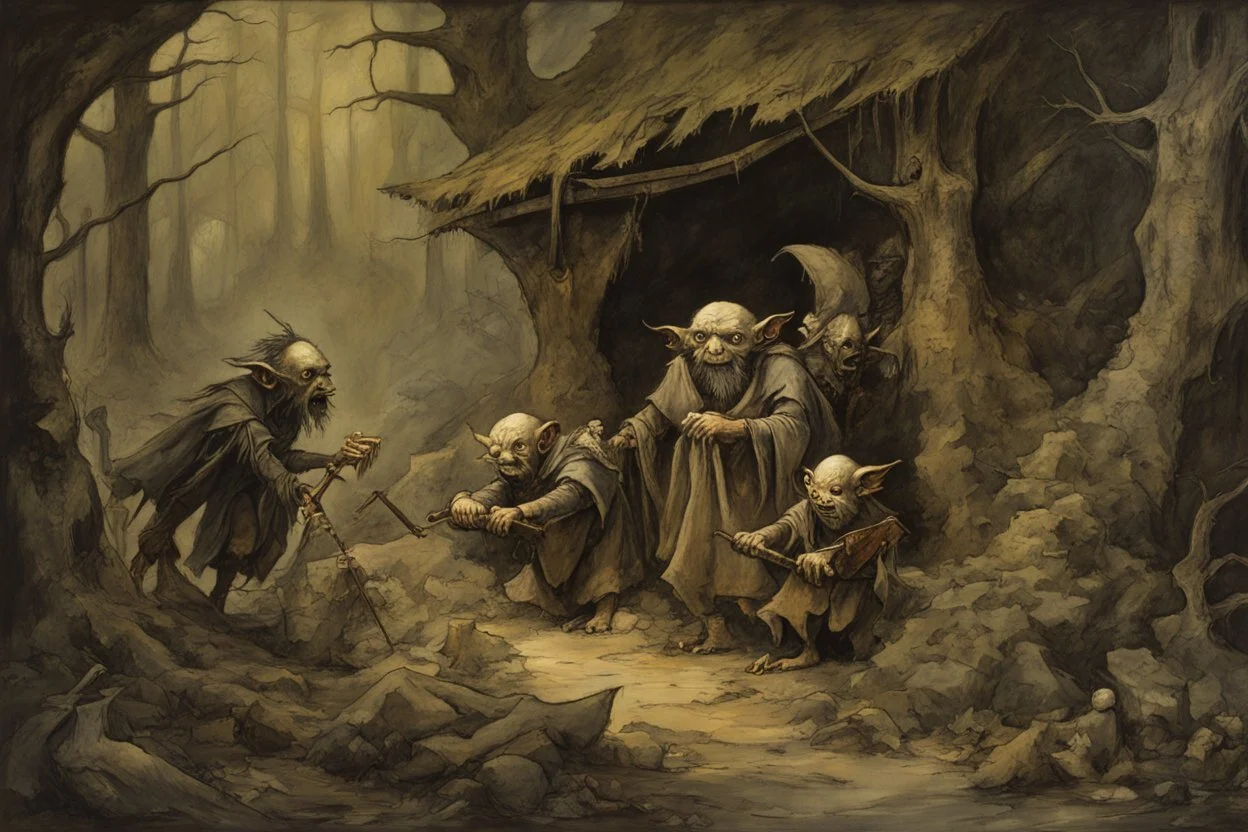 Goblins robbing a travelling medieval merchant in woods at stone bridge, kinetic dramatic horror art, sinister, by Jean Baptiste Monge, by Stephen Gammell, by Brian Froud, eerie dark colors, hyperdetailed, beautiful matte oil painting, realistic