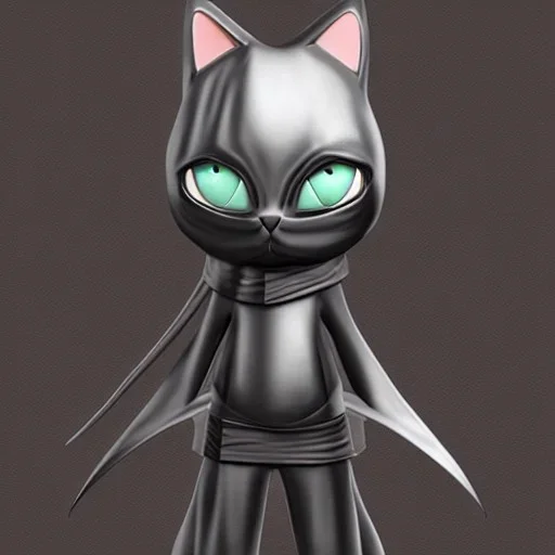 Chat, Modélisme trois dimensions, anthropomorphique, habillé comme un ninja, tenue très détaillée, argent, noir, sombre,furieux, réalisme