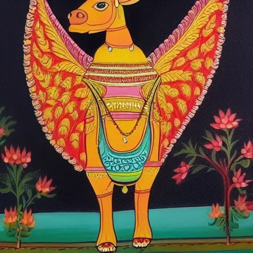 cow with hands and wings in Indian painting style