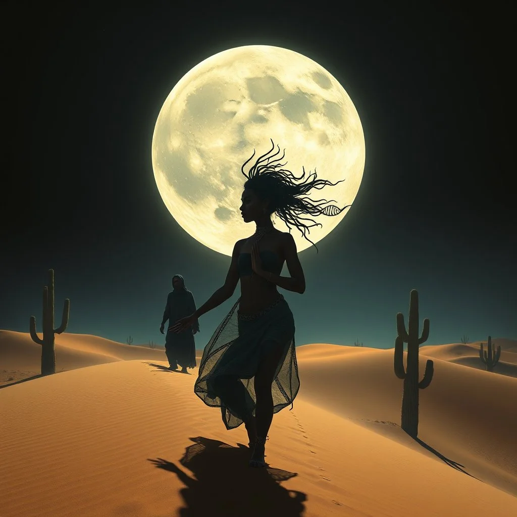 Shadows in a dark room at midnight, Enki Bilal art tykho moon woman beautiful yoga sand dunes, saguaro cacti, beats antique, androgynes DNA strand, perfectly beautiful people, full bodies walking through a desert sand dunes following bedouins, Enki BIlal illustrated STyle Double exposure, extreme details, rich dynamic colors, spirit, invocation, 3d, two sun solar system, full moon, stars, esoteric, sheer, Peridot, emerald green. citrine, ultramarine blue, diamonds, gold, sunset, high contrast, p