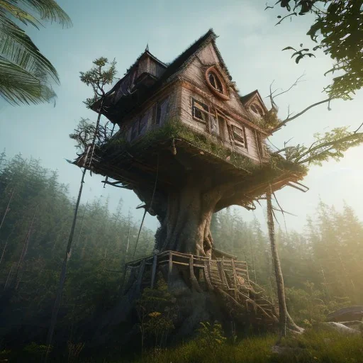 Tree house, fantasy unreal 5, octane render, cinema4d, redshift render, hyper realistic, cenematic, vibrancy, synthwave, retouch, centered, dynamic lighting, dramatic lighting, 4k, highly detailed, attractive beautiful, realistic, virtual reality, epic composition, holographic,