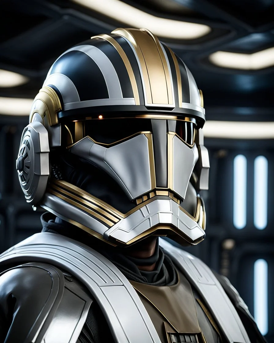 star wars bald male corellian pilot wearing pearlescent black and gunmetal grey First Order special forces armor and helmet with gold trim inside the jedi temple, centered head and shoulders portrait, hyperdetailed, dynamic lighting, hyperdetailed background, 8k resolution, volumetric lighting, light skin, fully symmetric details