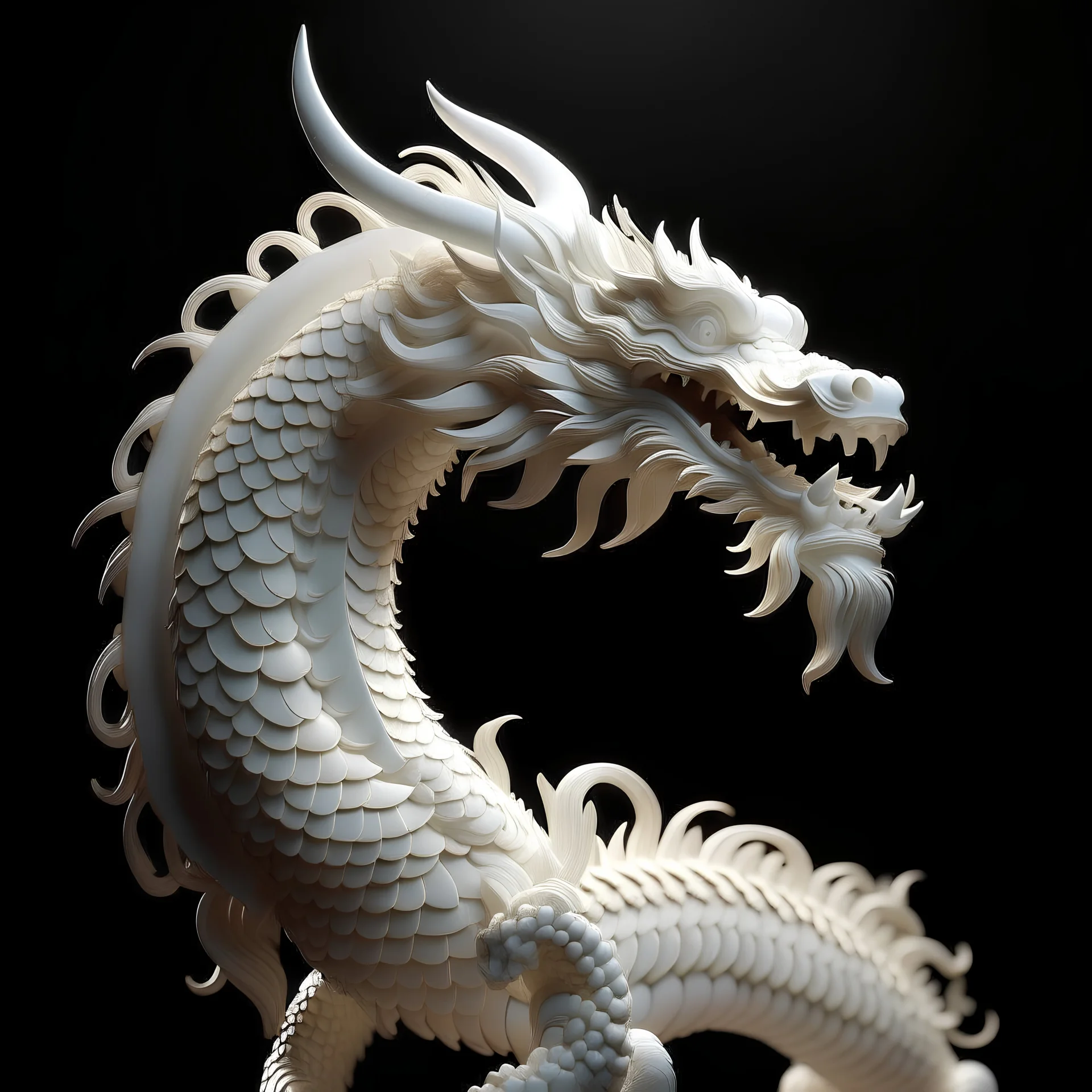 stylized white onyx chinese zodiac dragon with subscattering lighting, intricate carving, depth of field, dramatic, cinematic, studio lighting, low angle, reflection, diffuse light