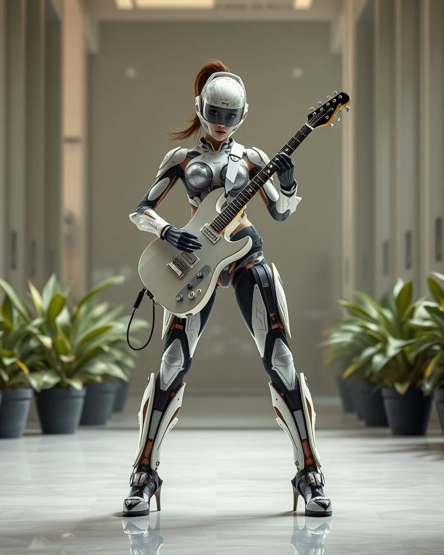 Dynamic pose Rocker, Front view full body all to feet rendering Beautiful Female as Futuristic Hybrid mecha robotic Guitarist body chasing clear surfaces it from made transparency super clear glass explore inside components nature plants, advance design futuristic sci fi picture,find details futuristic background ,Sony Alpha 7 50mm 1.8,medium shot, high-resolution image with fine details,ultra detailed,ultra realistic,extremely realistic,intricate,photorealistic,epic composition